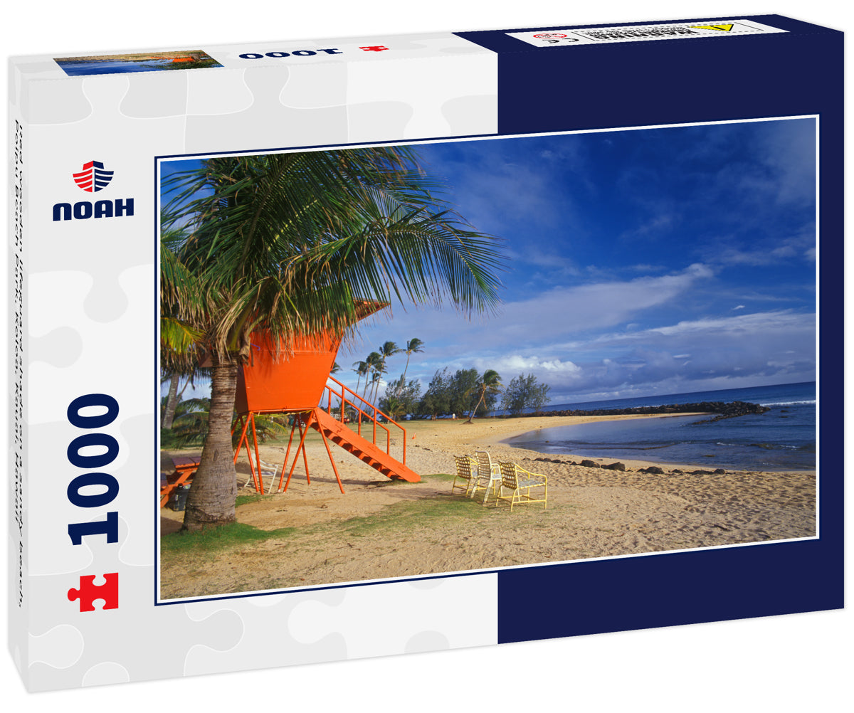 Red wooden lifeguard shade on a sandy beach, Poipu Beach Park, Koloa, Kauai, Hawaii