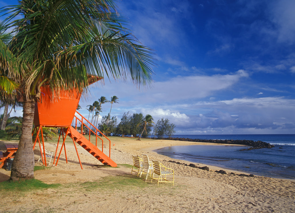 Red wooden lifeguard shade on a sandy beach, Poipu Beach Park, Koloa, Kauai, Hawaii