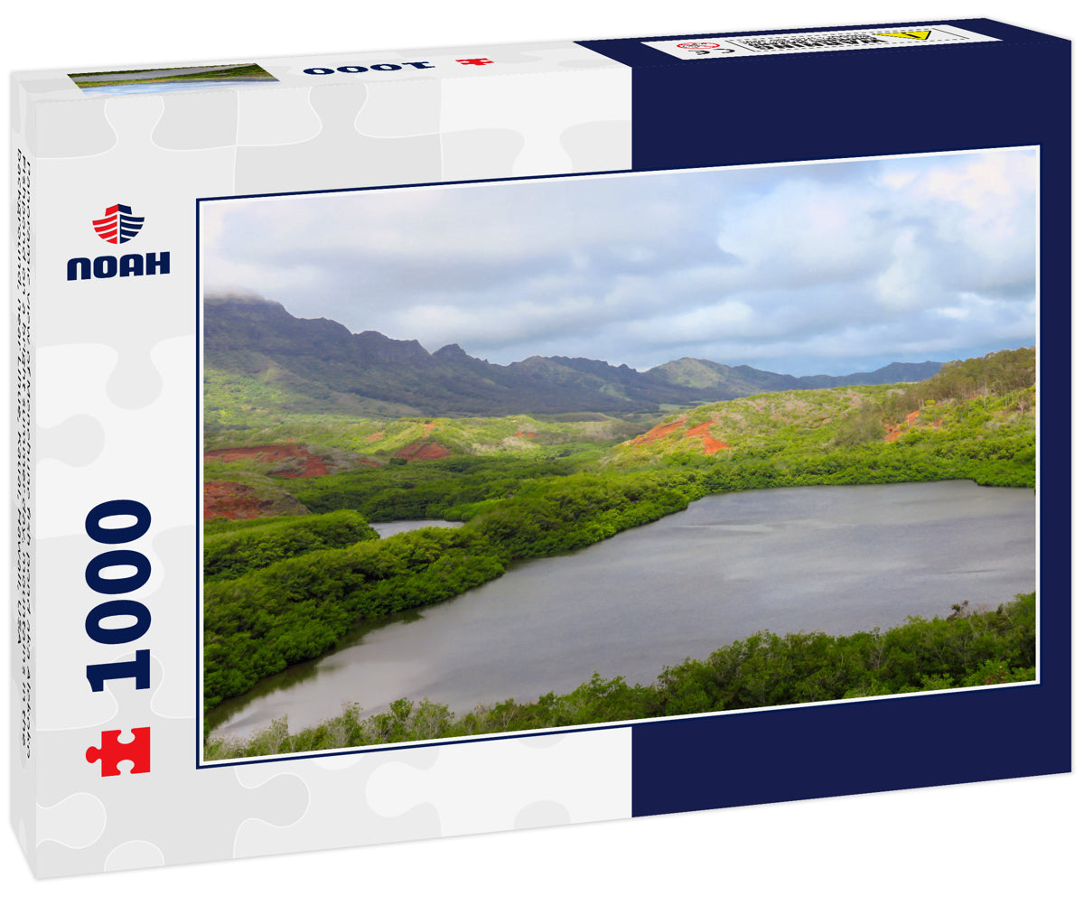 Panoramic view of Menehune fish pond aka Alekoko Fishpond on a bright summer day, mountains in the background, near Lihue, Kauai, Hawaii, USA