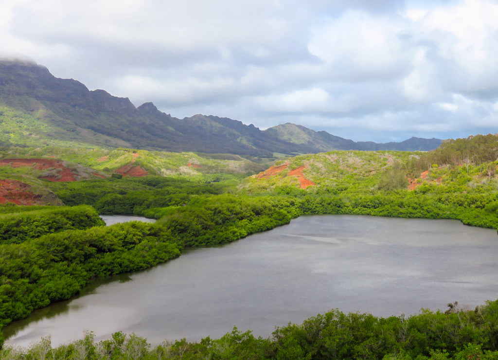 Panoramic view of Menehune fish pond aka Alekoko Fishpond on a bright summer day, mountains in the background, near Lihue, Kauai, Hawaii, USA