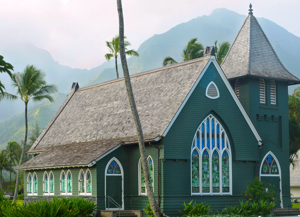 Picturesque green church in Hanalei, Kauai, Hawaii