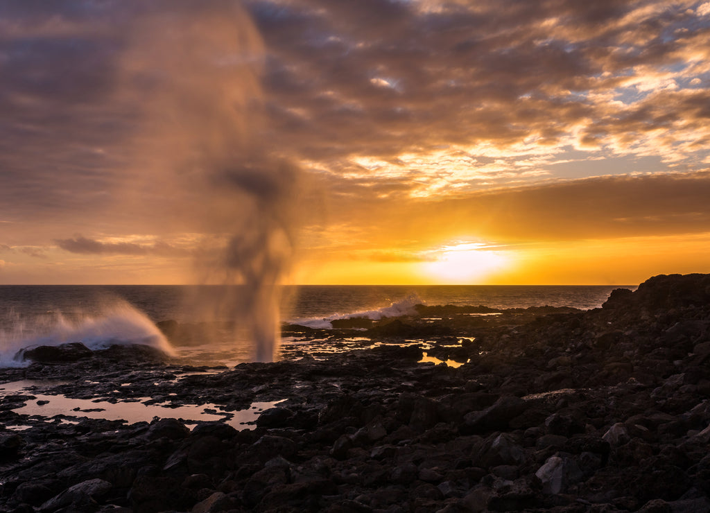Spouting Horn at sunset near Poipu on the Hawaiian island of Kauai