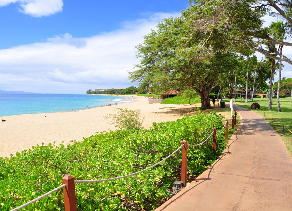 Kaanapali beach boardwalk on the West Maui coast line Hawaii