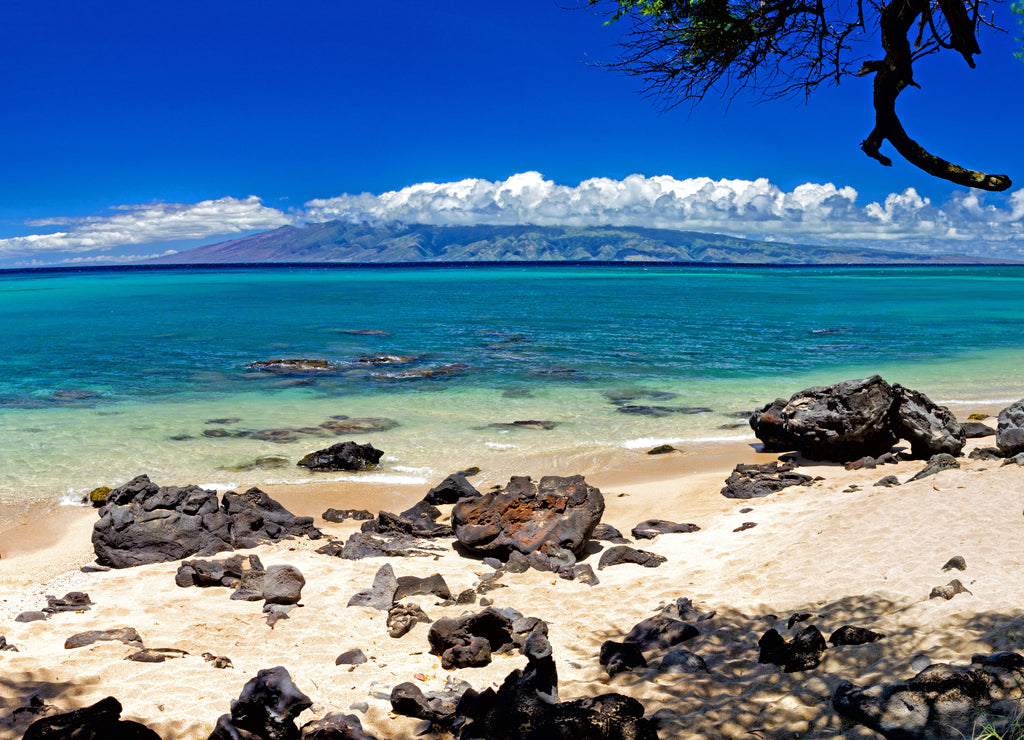 View to Molokai from Kaanapali Beach on Maui, Hawaii, USA