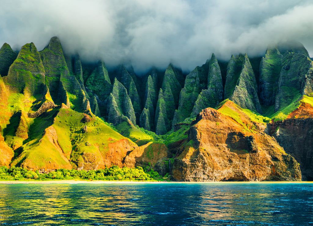 Na Pali coast, Kauai, Hawaii view from sea sunset cruise tour