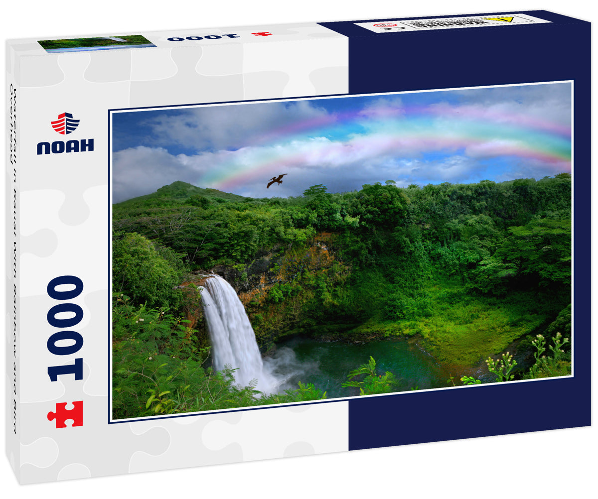 Waterfall in Kauai With Rainbow and Bird Overhead