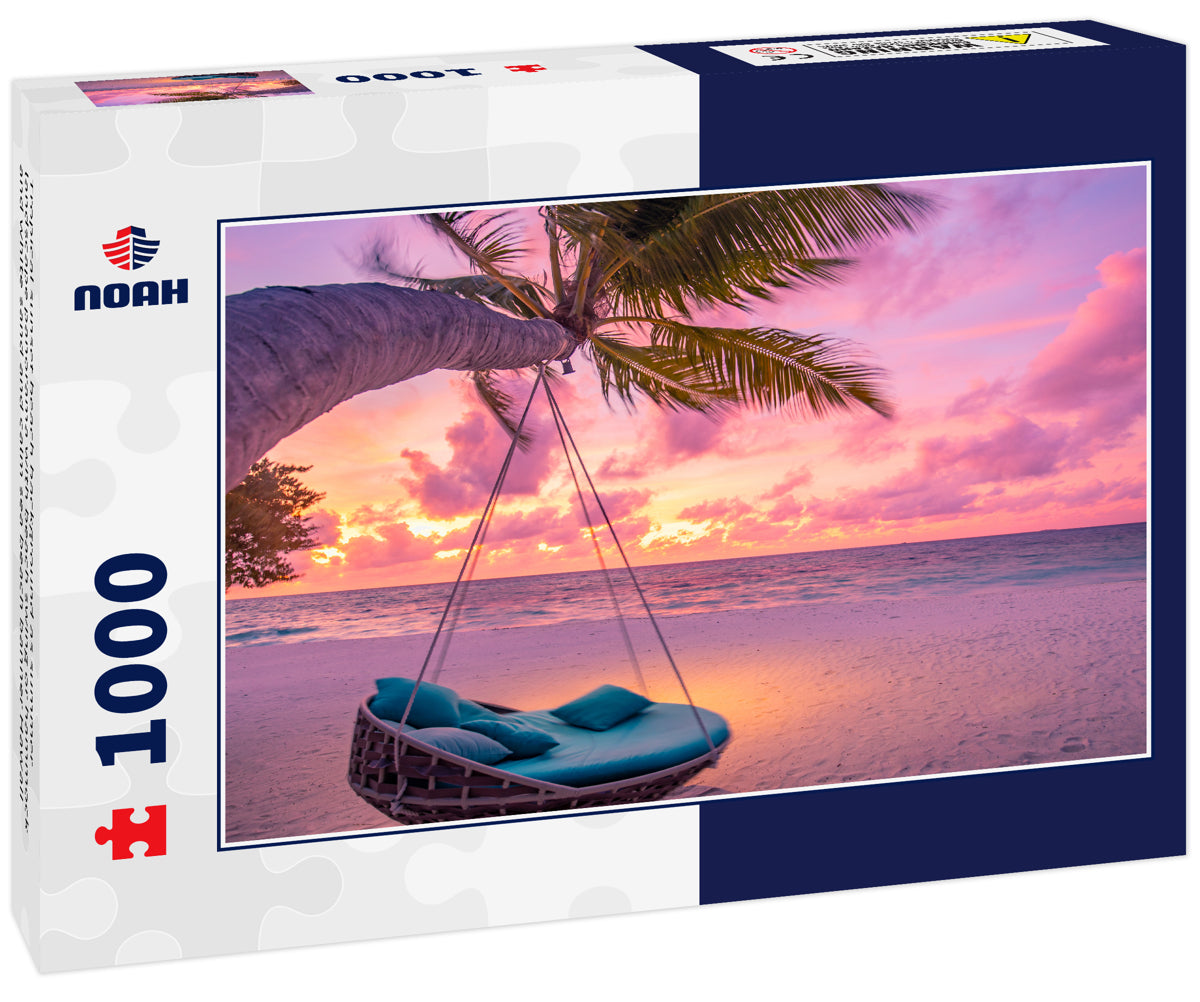 Tropical sunset beach background as summer landscape panorama with beach swing or hammock and white sand and calm sea beach banner Hawaii