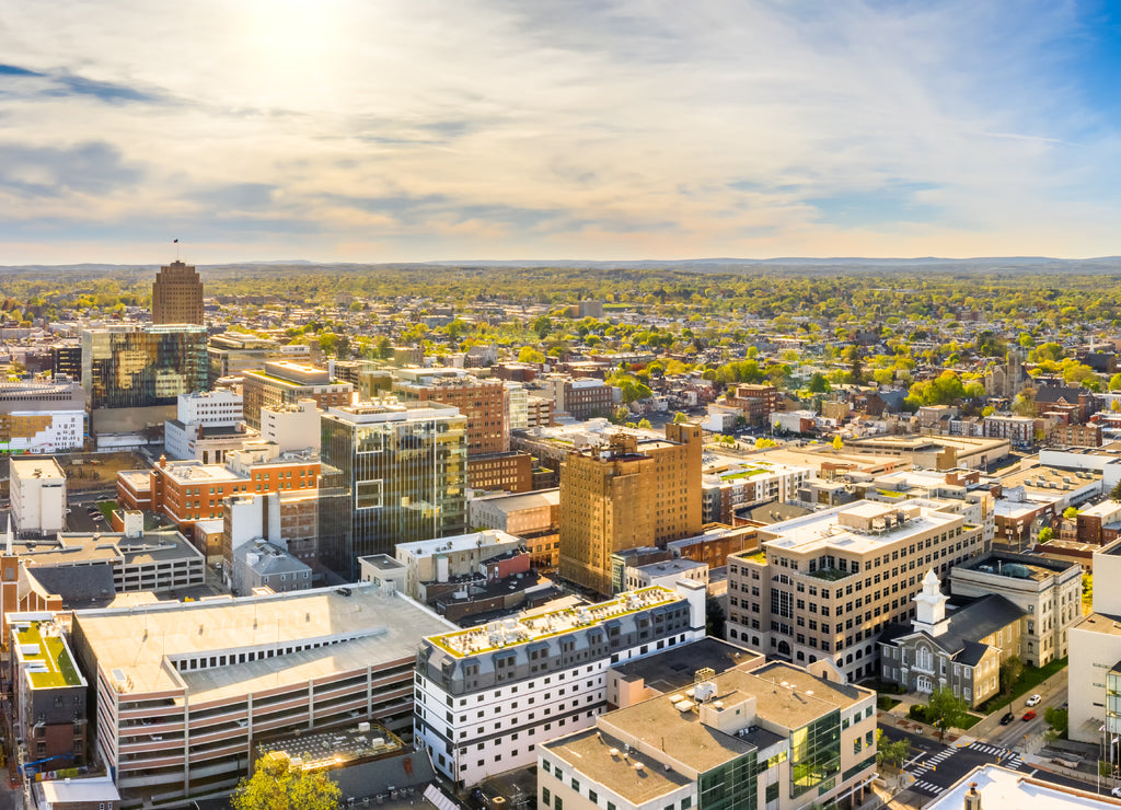 Aerial panorama of Allentown, Pennsylvania skyline on late sunny afternoon. Allentown is Pennsylvania's third most populous city