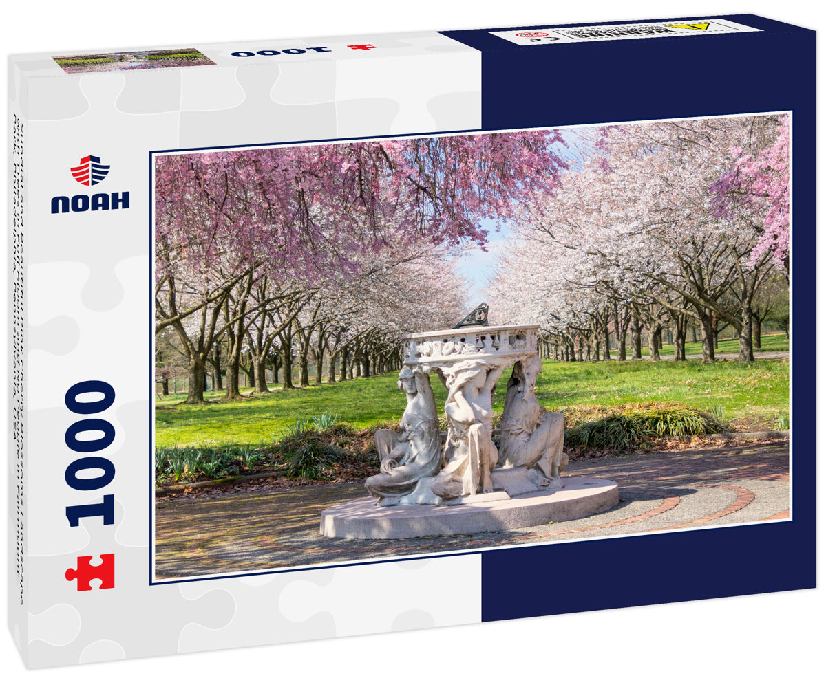 Sundial and Beautiful Pink Cherry Blossoms Landscape with Trees in Full Bloom and No People in Fairmount Park, Philadelphia, Pennsylvania, USA