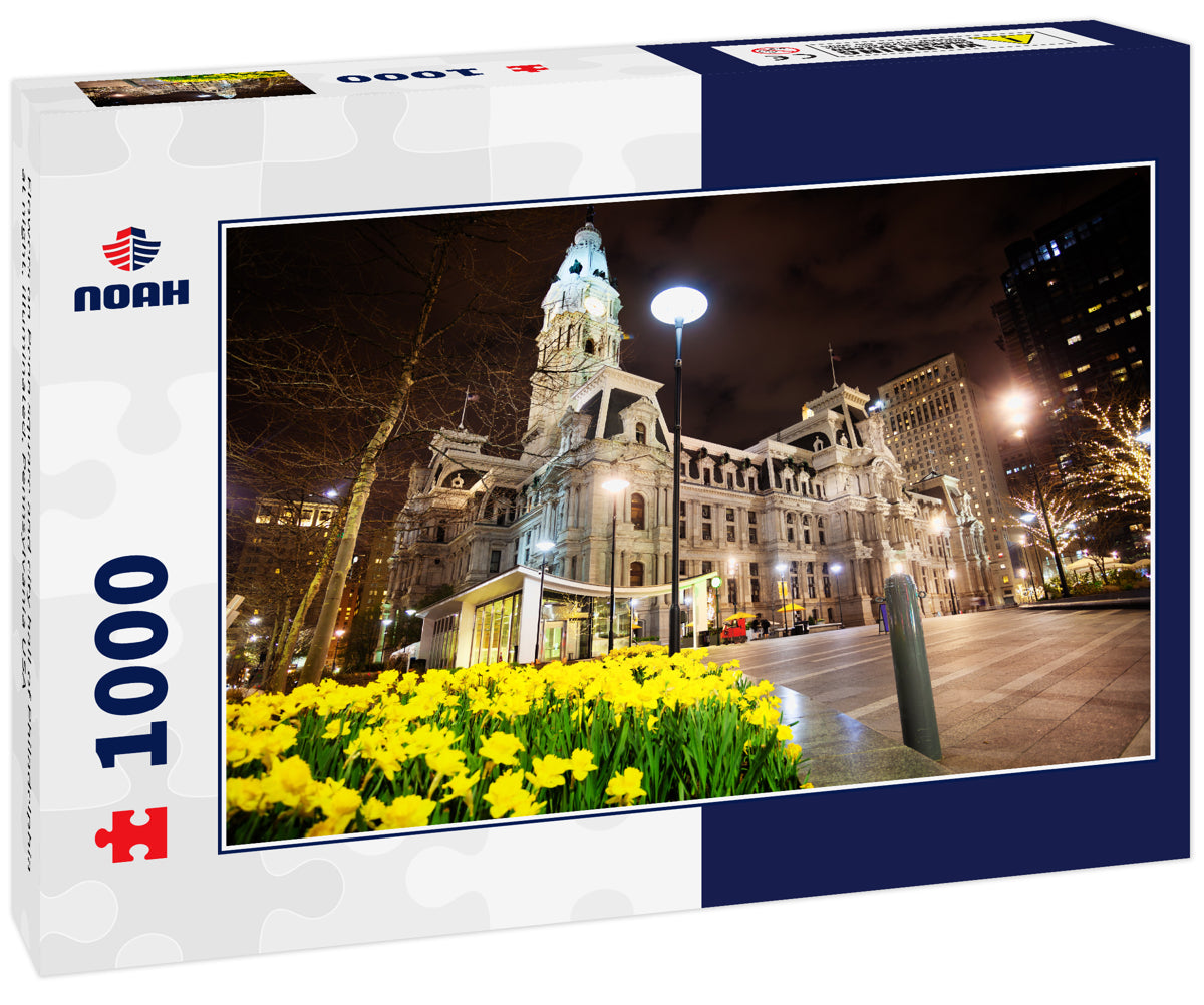 Flowers on Penn square and city hall of Philadelphia at night, illuminated, Pennsylvania USA