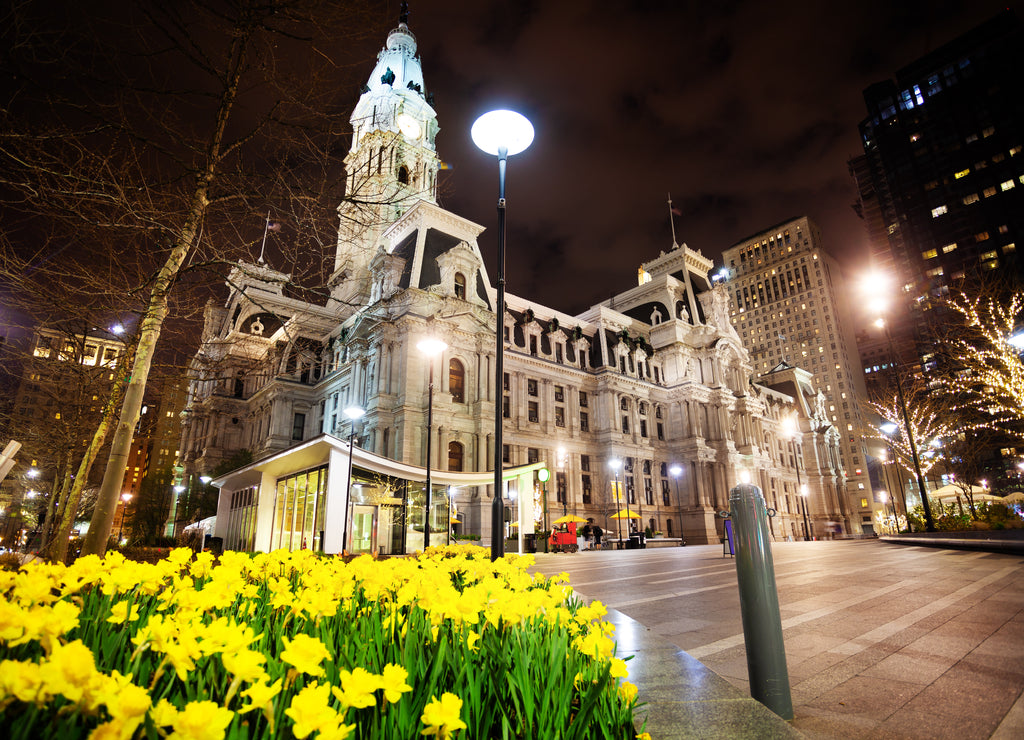 Flowers on Penn square and city hall of Philadelphia at night, illuminated, Pennsylvania USA