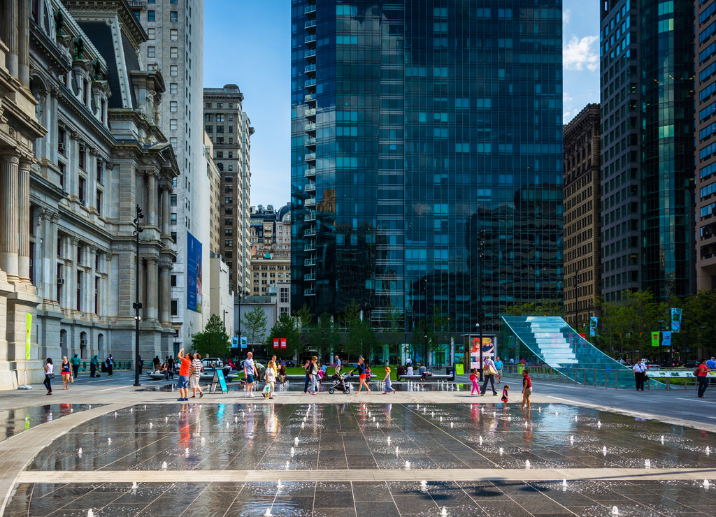 Fountains and buildings at Dilworth Park, in Philadelphia, Pennsylvania