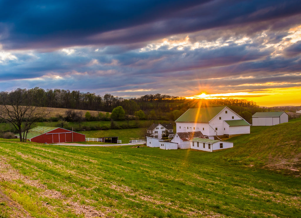 Sunset over a farm in rural York County, Pennsylvania