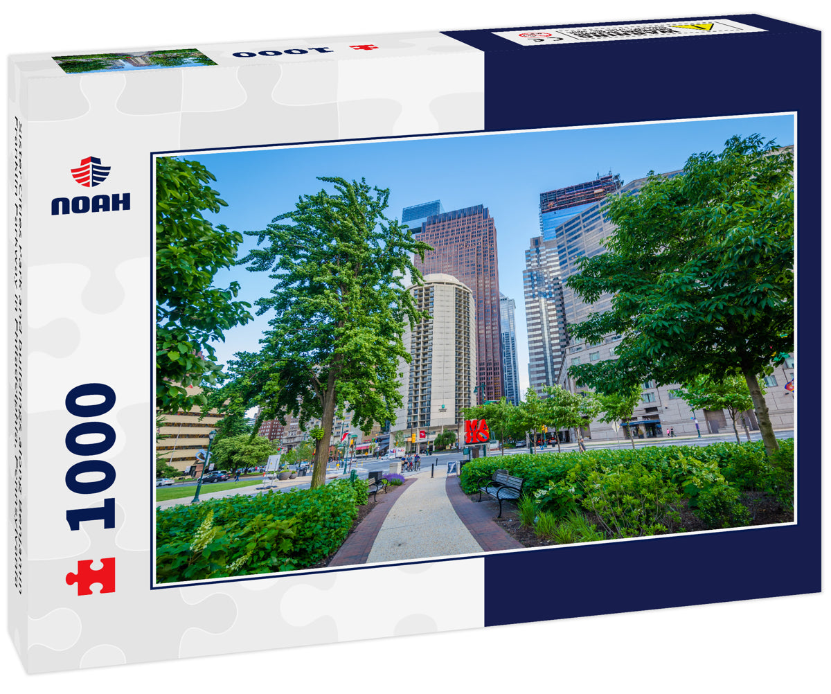 Sister Cities Park and buildings along Benjamin Franklin Parkway in Philadelphia, Pennsylvania