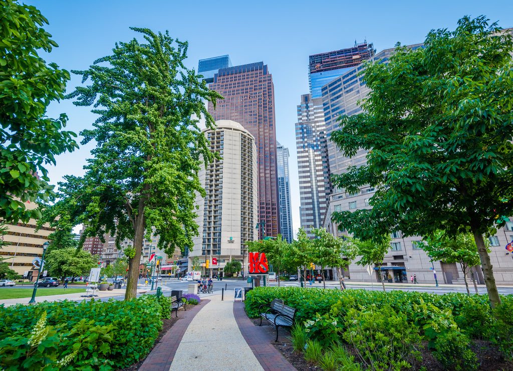 Sister Cities Park and buildings along Benjamin Franklin Parkway in Philadelphia, Pennsylvania