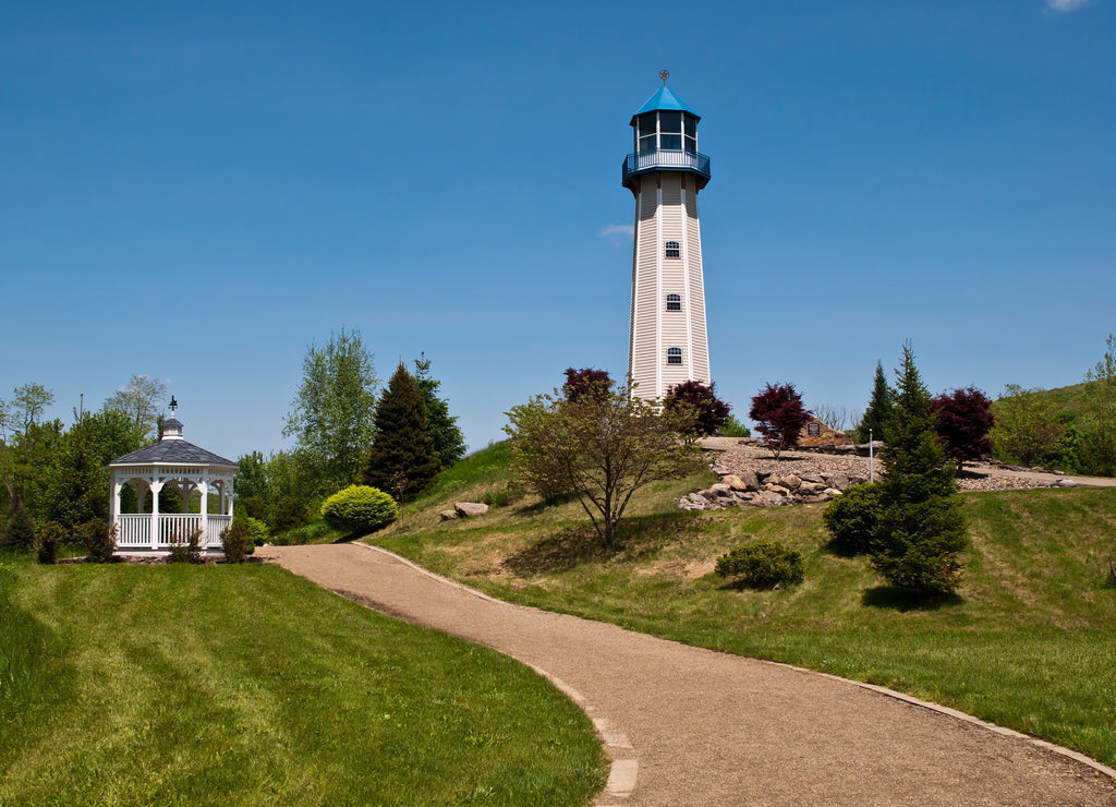 A lighthouse and gazebo in a park in Tionesta, Pennsylvania