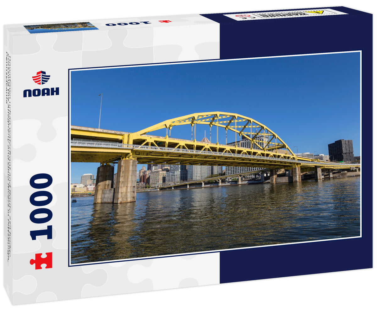 Downtown urban waterfront and Route 279 bridge crossing the Allegheny and Ohio Rivers in Pittsburgh, Pennsylvania