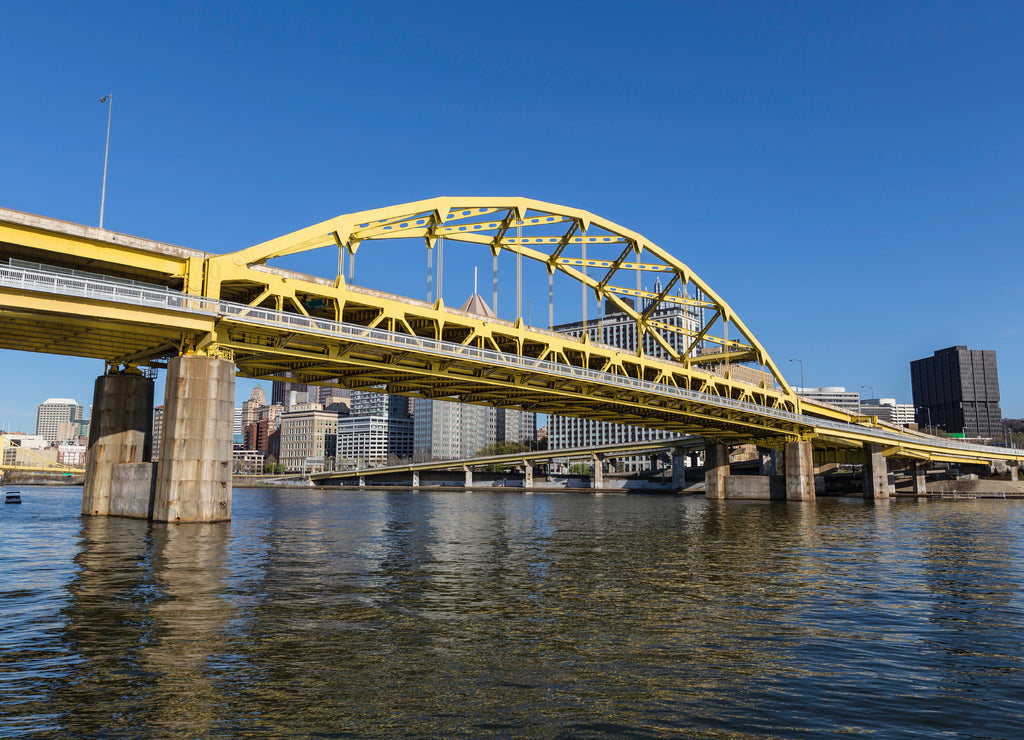 Downtown urban waterfront and Route 279 bridge crossing the Allegheny and Ohio Rivers in Pittsburgh, Pennsylvania