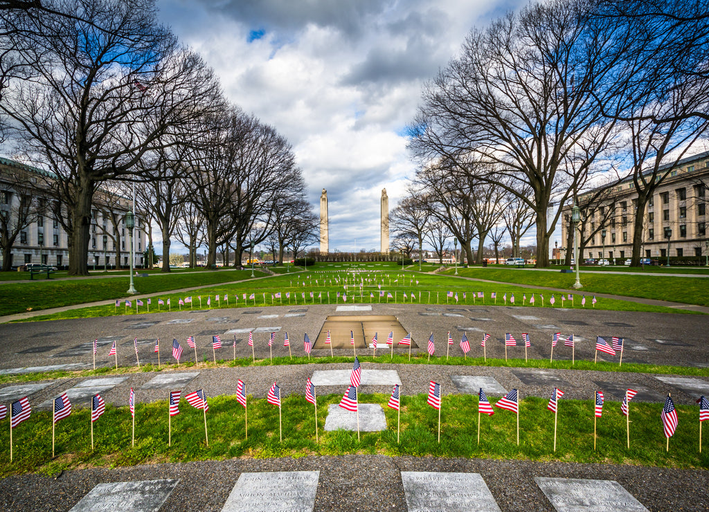 Memorials and small American flags at the Pennsylvania State Cap