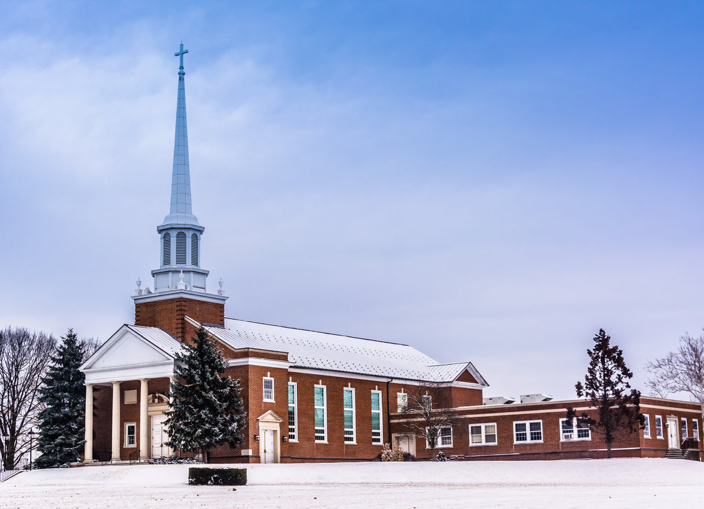 Winter view of a church in rural York County, Pennsylvania