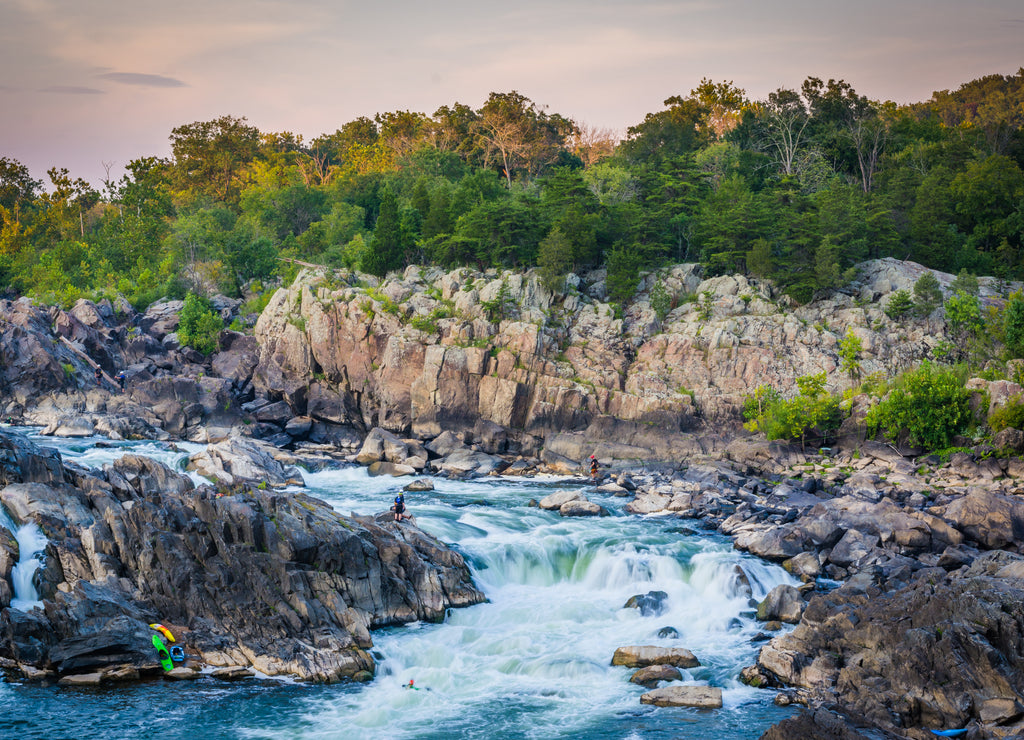 View of rapids in the Potomac River at sunset, Great Falls, Pennsylvania
