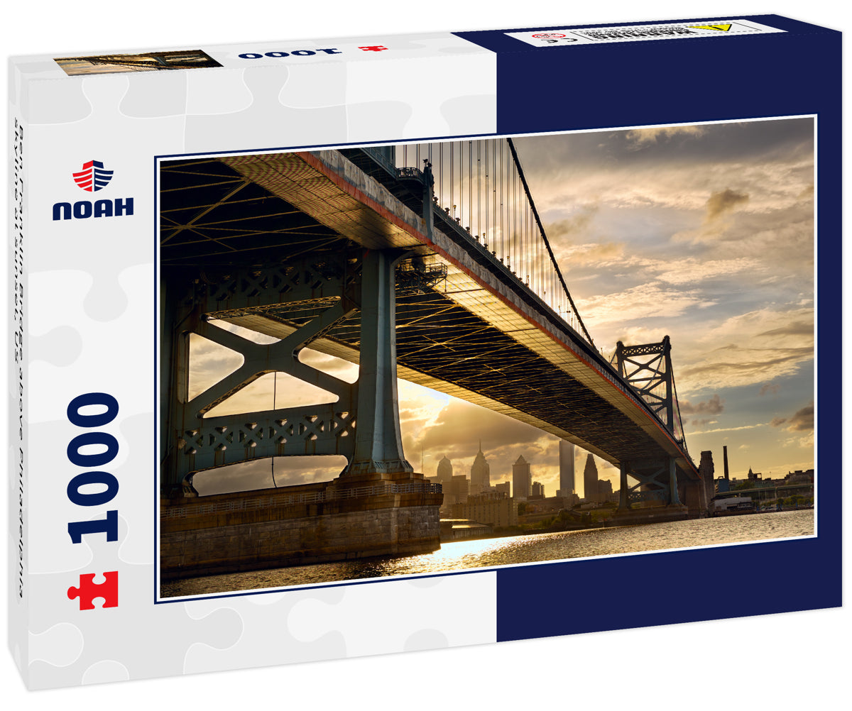 Ben Franklin Bridge above Philadelphia skyline at sunset, US