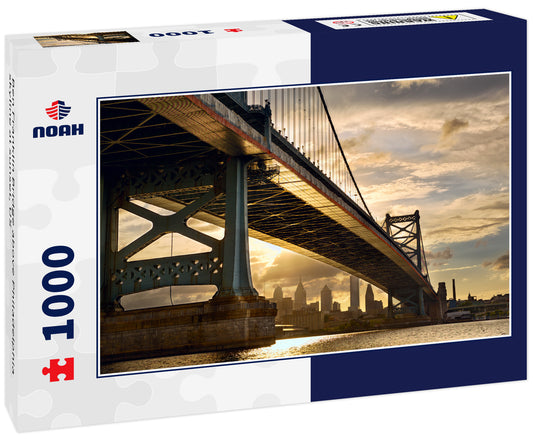 Ben Franklin Bridge above Philadelphia skyline at sunset, US