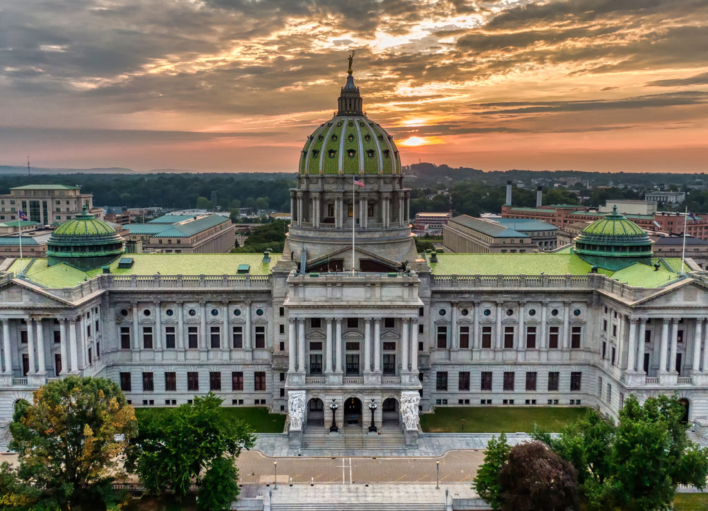 Capitol in Harrisburg, Pennsylvania in sunrise, aerial panoramic view