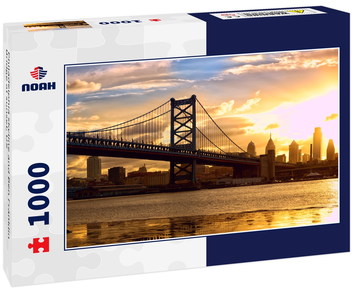 Philadelphia skyline and Ben Franklin Bridge at sunset, US