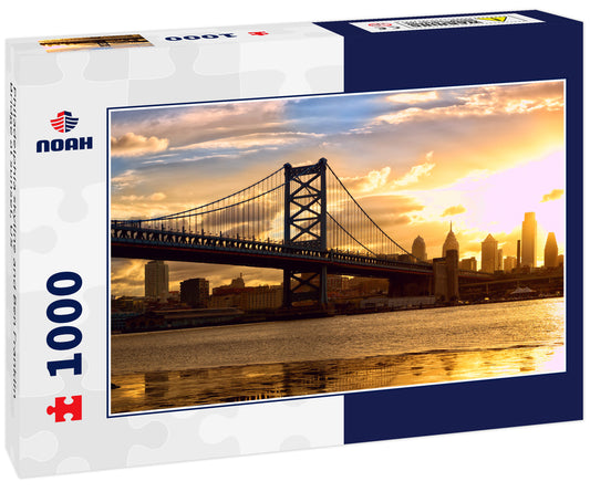 Philadelphia skyline and Ben Franklin Bridge at sunset, US