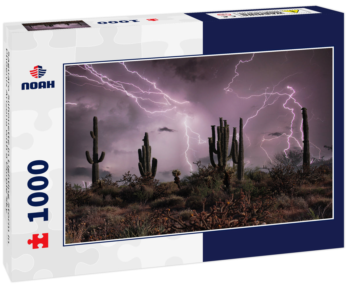 Saguaro Silhouette in Lighting Storm in Phoenix Arizona with a Purple Sky