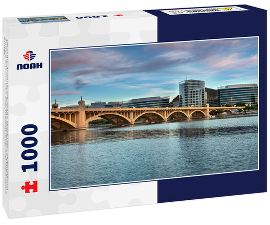 Phoenix, Arizona: Cityscape shore view of downtown Tempe Arizona USA over the Salt River and Mill Avenue Bridge