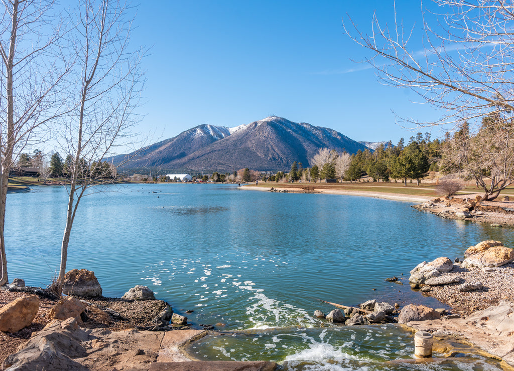 Flagstaff snow covered mountain with lake and hiking trails, Arizona