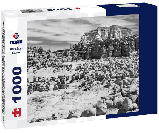 Noah Jigsaw Puzzle Neckerfront in Tübingen is a traditional university town in Baden-Württemberg on a sunny summer's day with colorful facades, churches (Stiftskirche) and punts (punting boats) on the river in black white 1000 pieces