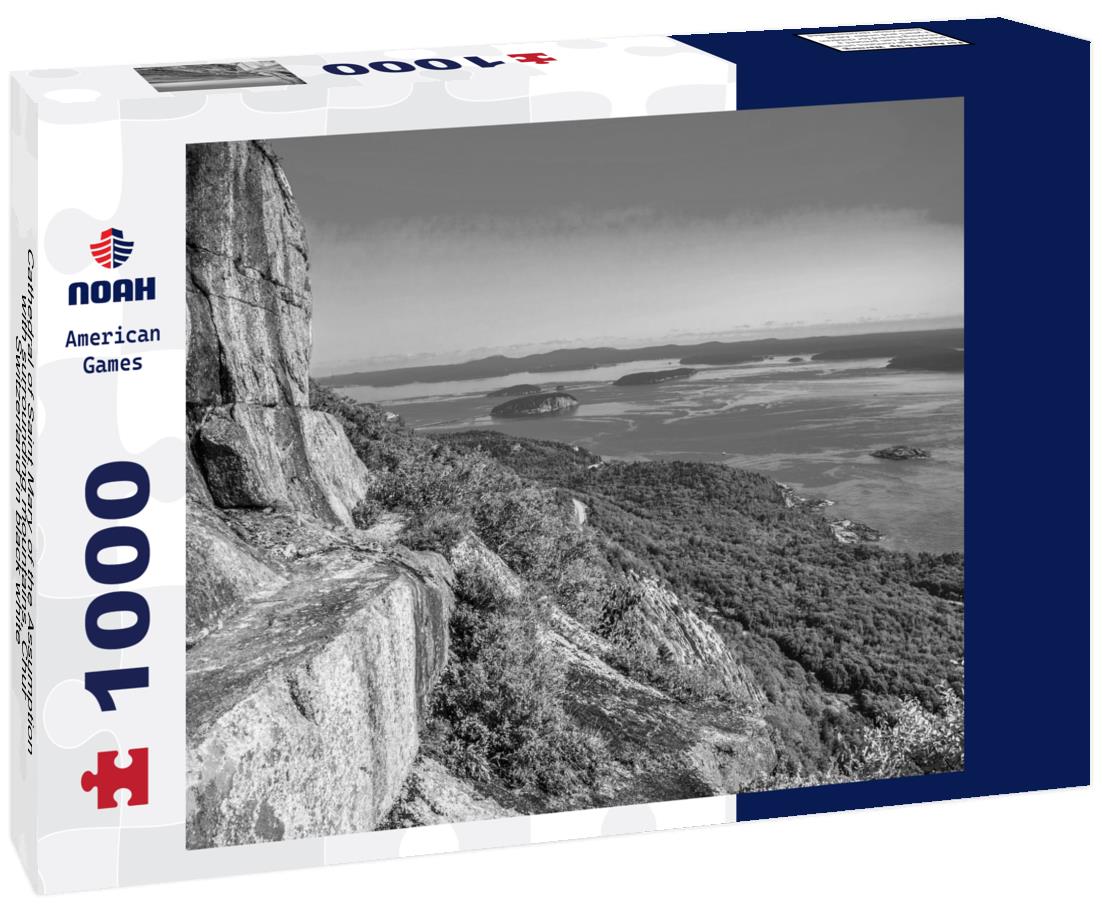 Noah Jigsaw Puzzle Cathedral of Saint Mary of the Assumption with surrounding mountains, Chur, Switzerland in black white 1000 pieces