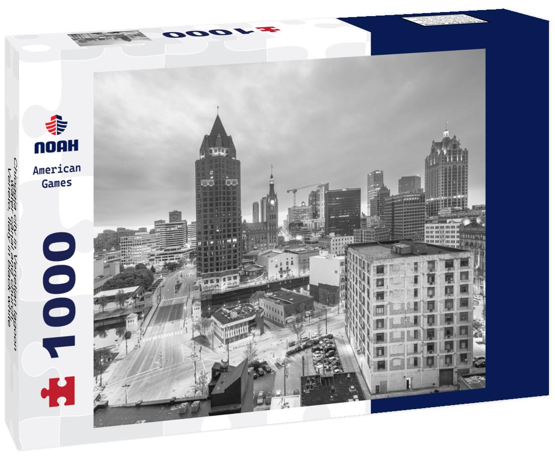 Noah Jigsaw Puzzle Chioggia city in Venetian lagoon, water canal and church. Veneto, Italy in black white 1000 pieces