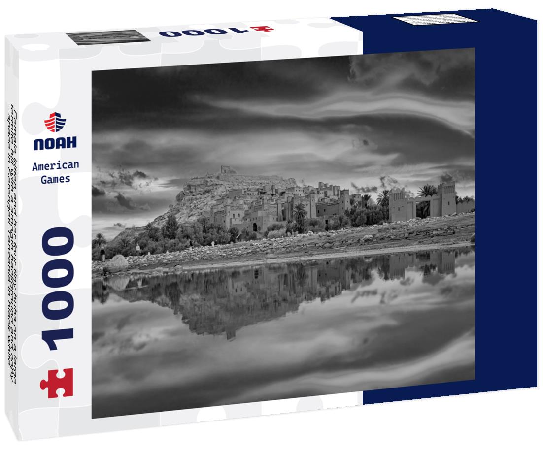 Noah Jigsaw Puzzle Female kitten and her four tiny hubs on a large termite hill with a smooth background and copy space in Serengeti Tanzania in black white 1000 pieces