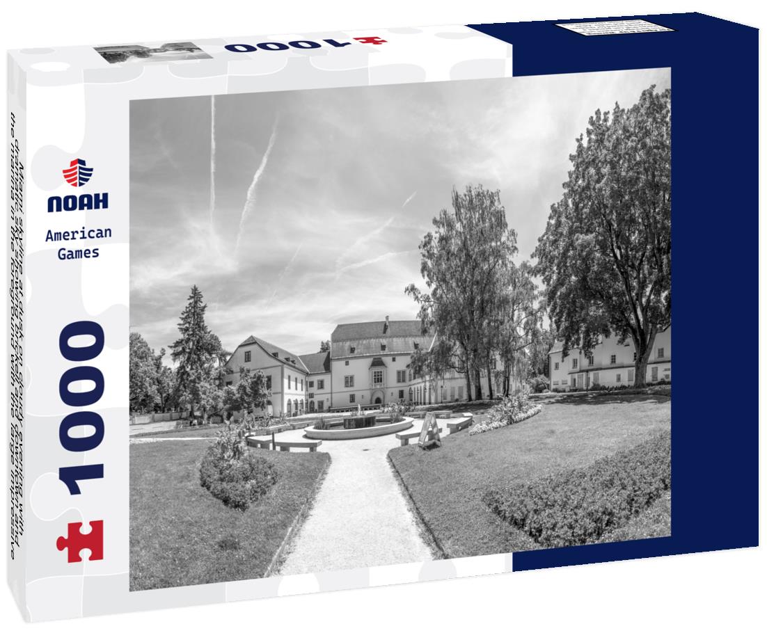 Noah Jigsaw Puzzle Miami skyline at dusk on cloudy evening with dramatic sky showing brickell and downtown and the marina in the foreground with the large impressive yachts and boats in black white 1000 pieces