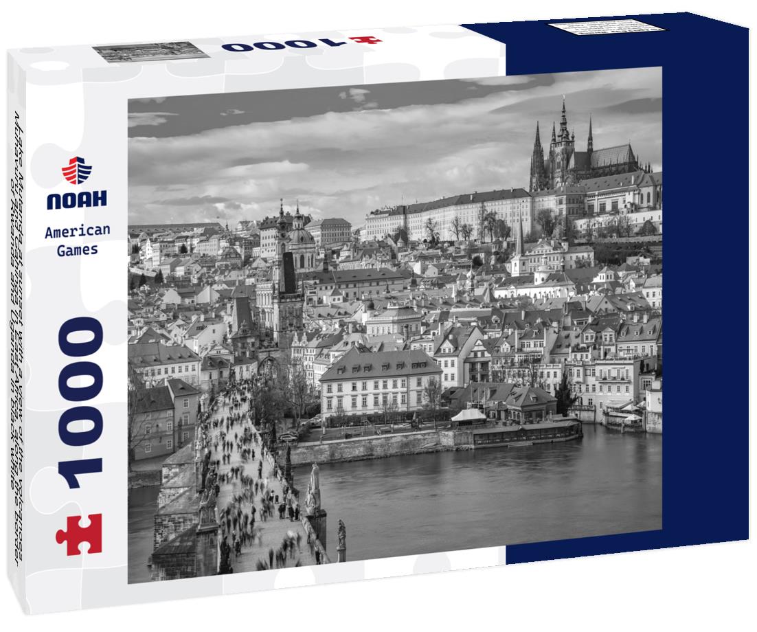 Noah Jigsaw Puzzle Lake Mutanda at sunset with a view of the volcanoes Muhavuru and Gahinga in East Africa, along the border of Rwanda and Uganda in black white 1000 pieces