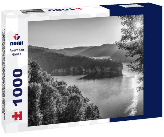 Noah Jigsaw Puzzle Landscape recreation area de Groene Weelde with view over water to pyramidal hill Big Spotters Hill between Hoofddorp and Vijfhuizen on dark sky and low sun in black white 1000 pieces