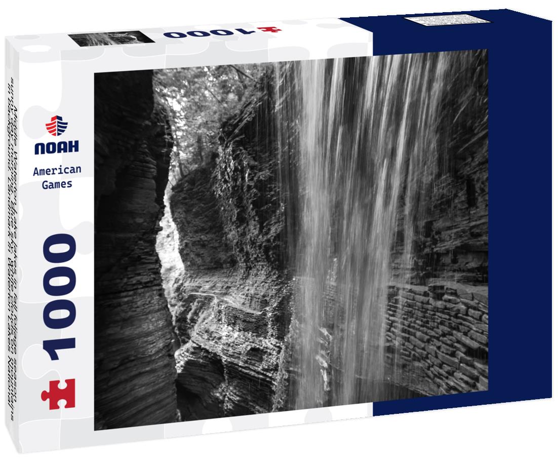 Noah Jigsaw Puzzle Middle Waterton Lake lakes in fall foliage season sunny day morning. Blue sky, white clouds on mountains in background. Landmark in Waterton Lakes National Park, Alberta, Canada in black white 1000 pieces