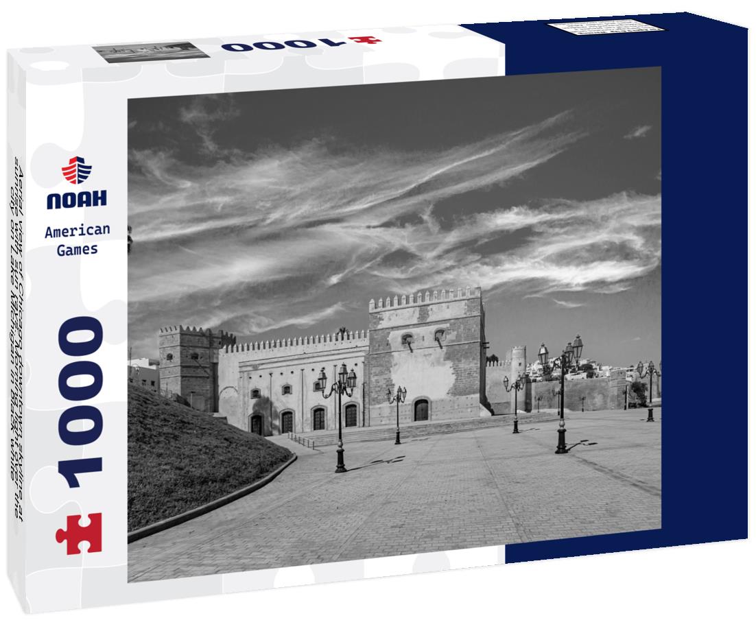 Noah Jigsaw Puzzle Aerial view of Chicago downtown skyline at sunrise with sun rays. Morning light over the city on Lake Michigan in black white 1000 pieces