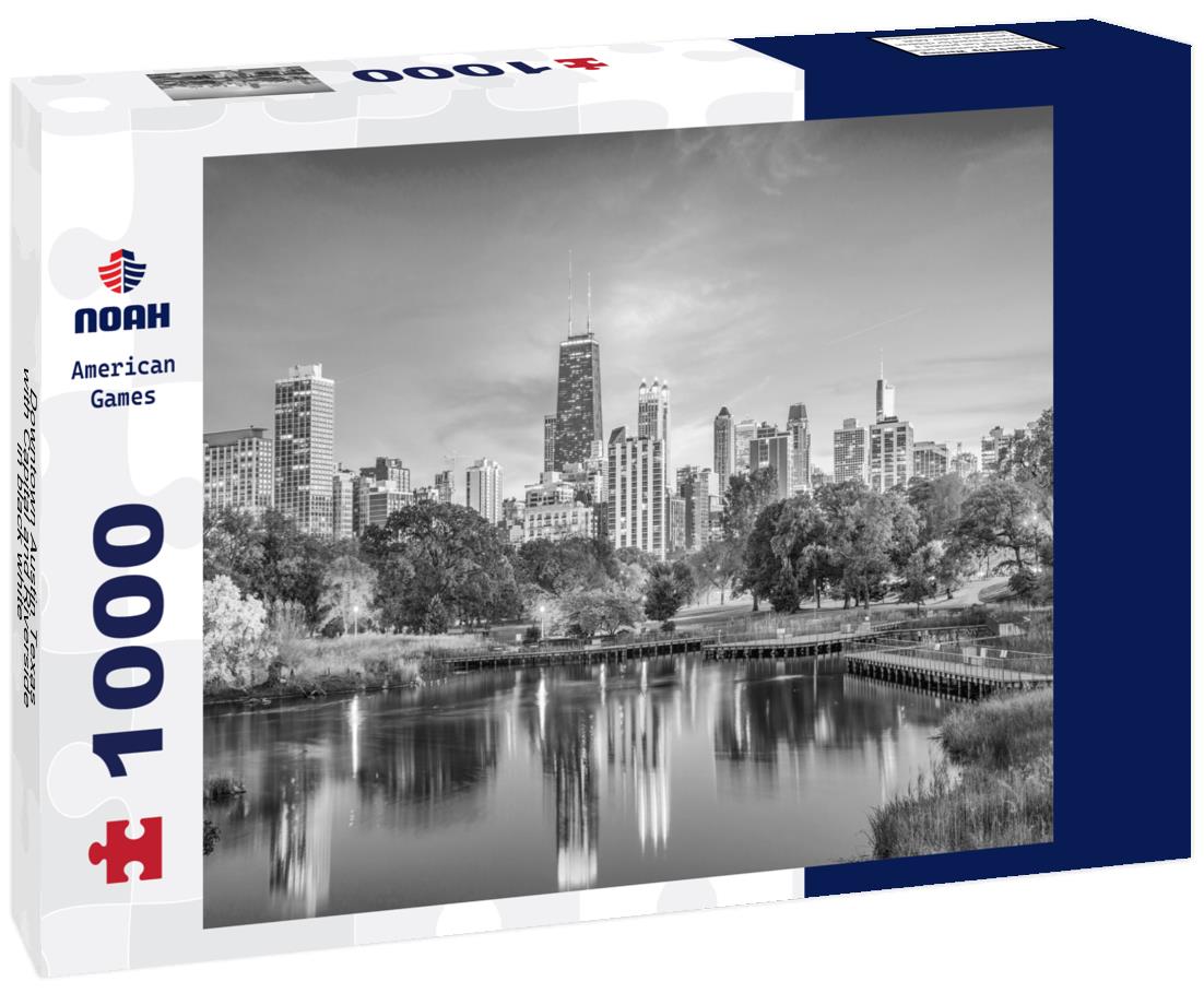Noah Jigsaw Puzzle Downtown Austin Texas with Capital and Riverside in black white 1000 pieces