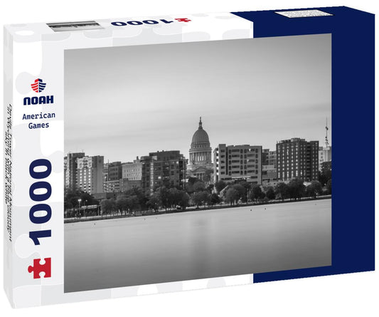 Noah Jigsaw Puzzle Devils Tower National Monument in Wyoming with a blue cloudy sky in black white 1000 pieces