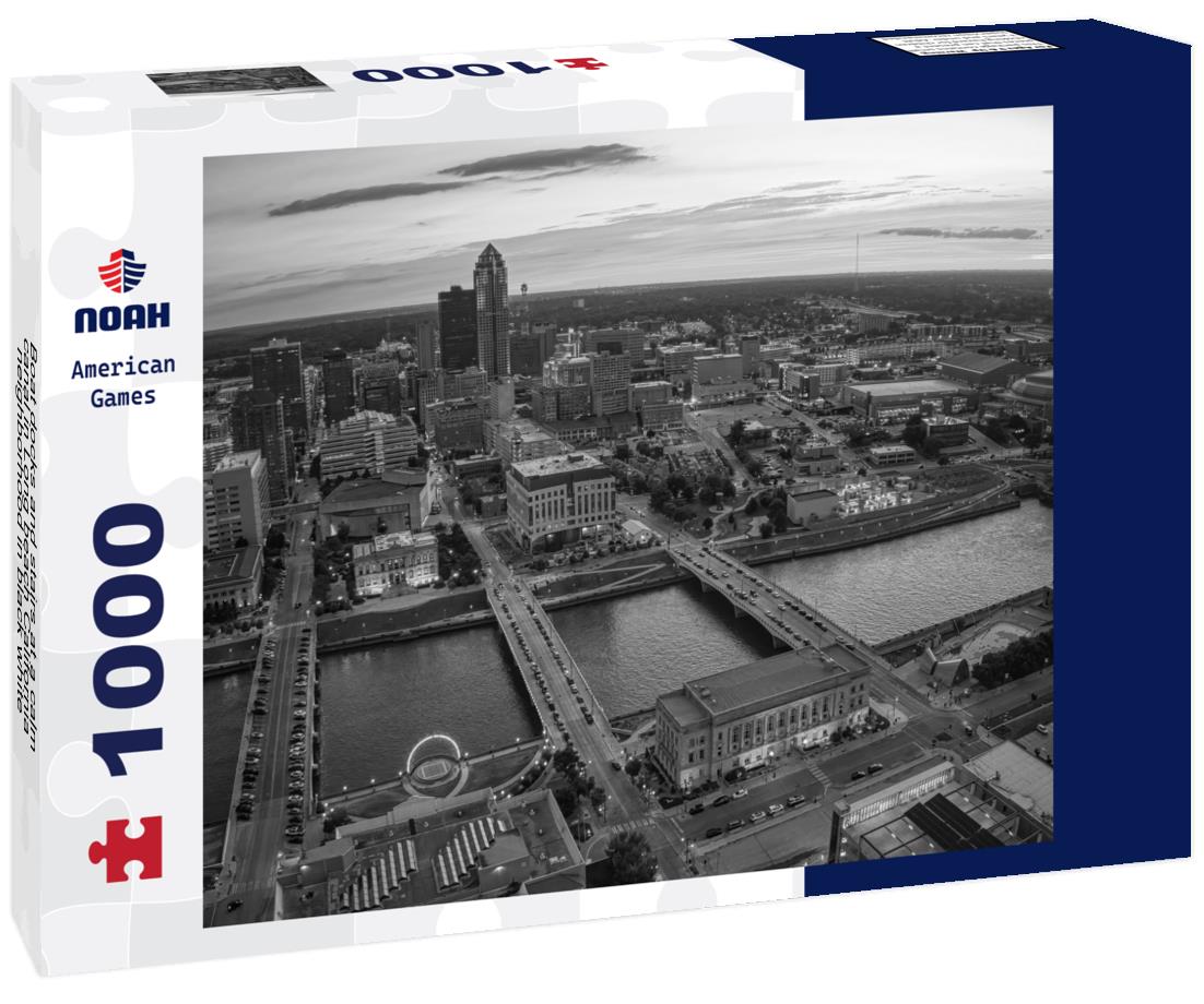 Noah Jigsaw Puzzle Boat docks and stairs at a calm canal in Long beach California neighborhood in black white 1000 pieces