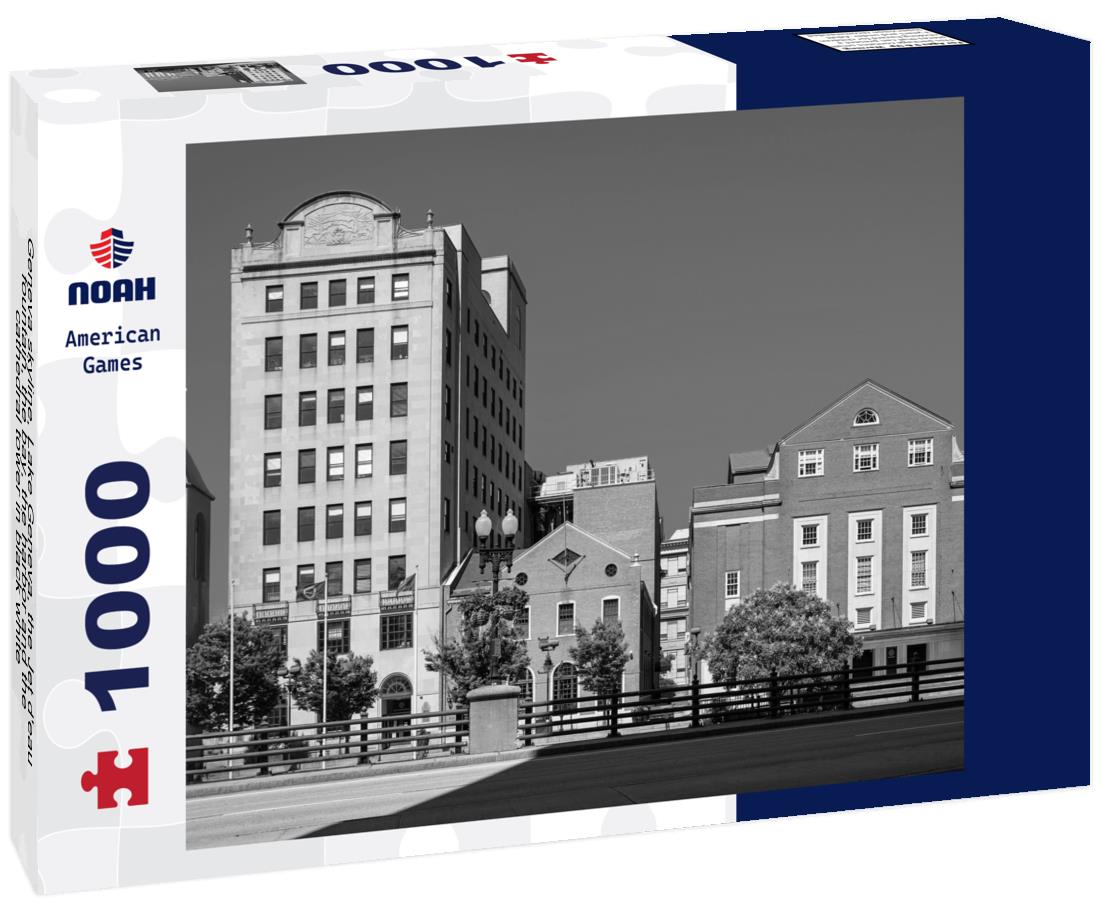 Noah Jigsaw Puzzle Geneva skyline, Lake Geneva, the Jet d'eau fountain, the bay, the harbor and the cathedral tower in black white 1000 pieces