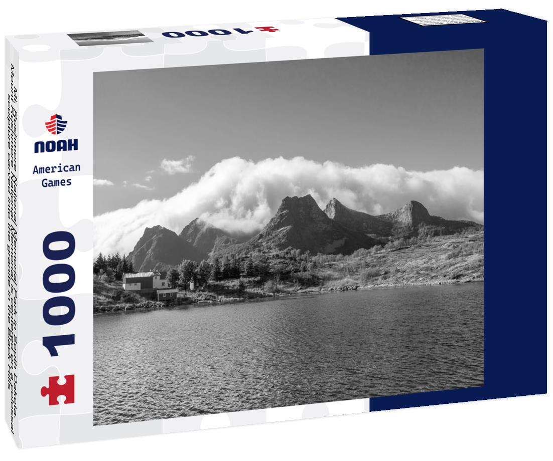 Noah Jigsaw Puzzle Mt. Rushmore National Memorial Park in South Dakota. Mount Rushmore National Memorial is centered on a colossal sculpture carved into the granite in the Black Hills in Keystone, South Dakota in black white 1000 pieces