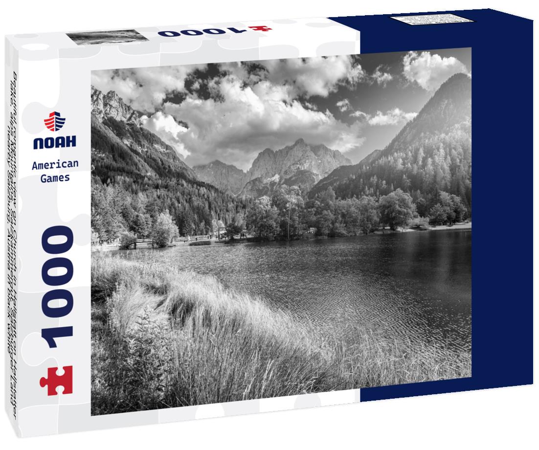 Noah Jigsaw Puzzle Beautiful romantic view on Church in Hallstatt on Hallstatter lake, alps Mountains. Salzkammergut, Salzburger Land, nearby Salzburg, Austria in black white 1000 pieces