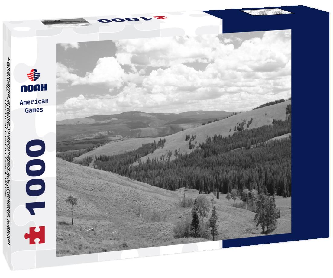 Noah Jigsaw Puzzle Landmarks around Washington DC includes Capitol Building, Supreme Court, Washington monument, national mall in black white 1000 pieces