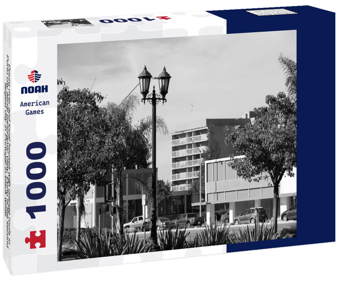 Noah Jigsaw Puzzle Douro river and local houses with orange roofs in Porto city aerial panoramic view. Porto is the second largest city in Portugal in black white 1000 pieces